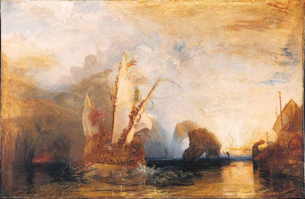 London National Gallery Next 20 15 JMW Turner - Ulysses deriding Polyphemus JMW Turner - Ulysses deriding Polyphemus, 1829, 133 x 203 cm. Ulysses and his men were sailing back from the Trojan War and stopped off at an island to look for food. Suddenly they came face to face with Polyphemus, a ferocious one-eyed giant Cyclops. The giant attacked and ate four of Ulysses� men. That night Ulysses heated a sharpened stake in a fire and plunged it into the giant�s huge eye. They escaped back to their ship and sailed away. Turner has disguised Polyphemus as a mountain top and made the spirits of the sea look like waves in front of Ulysses� ship. The horses of the sun god, Apollo, are painted just above the rising sun.